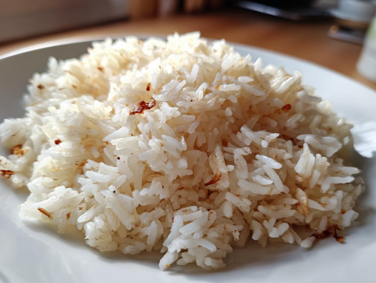 Close-up of a mound of fluffy white butter rice with golden toasted bits on a white plate.