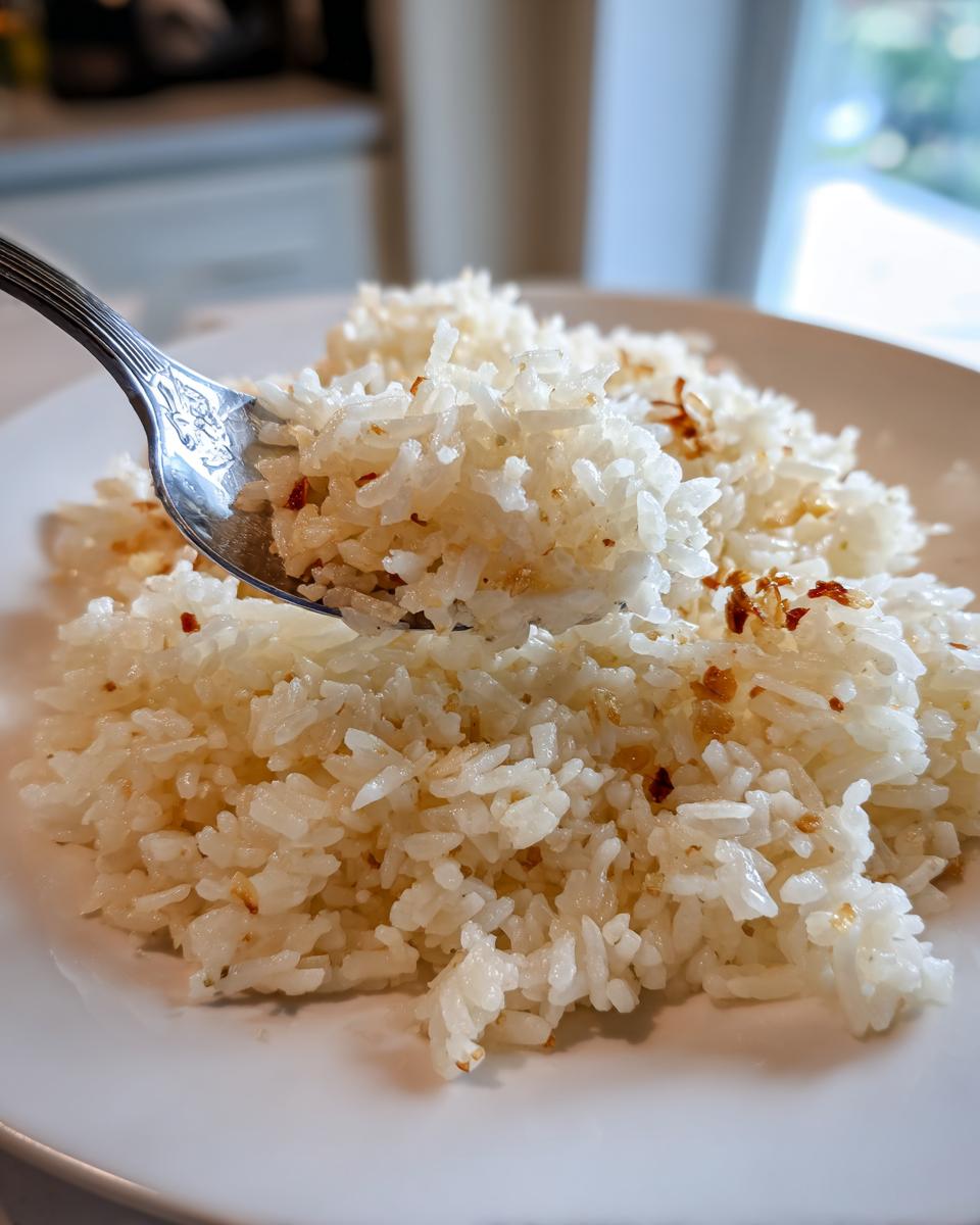Close-up of fluffy white butter rice on a plate, with a spoonful being lifted, showing golden toasted bits.