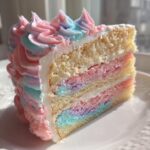 A delicious slice of cotton candy cake showing colorful rainbow layers and pink and blue piped frosting.