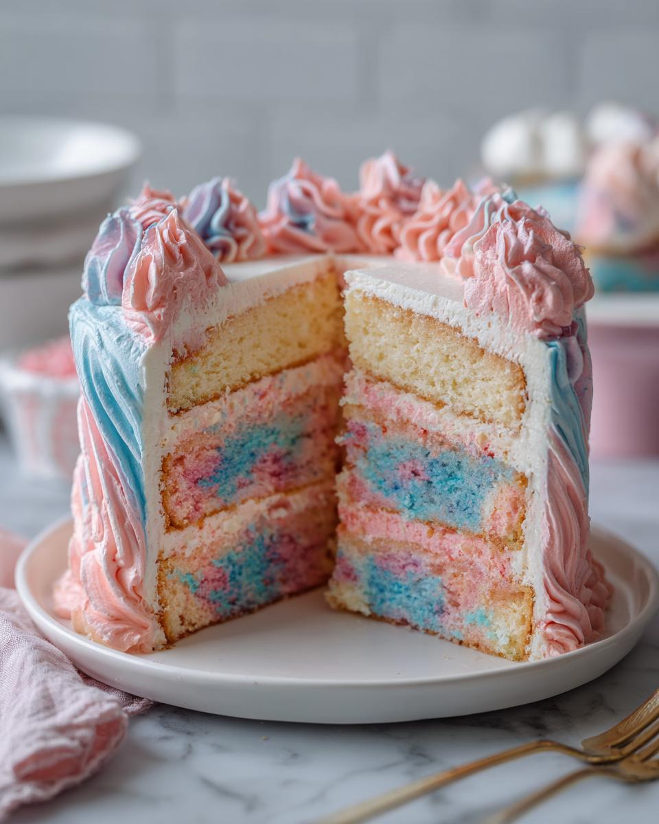 A slice cut from a fluffy cotton candy cake revealing pink and blue marbled layers inside, frosted with pink and blue swirls.