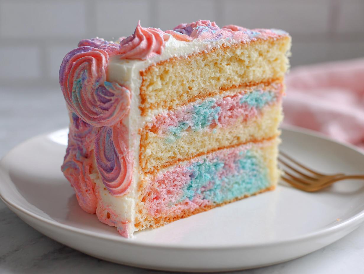 A tall slice of fluffy cotton candy cake featuring three layers with pink and blue swirls, topped with white frosting.