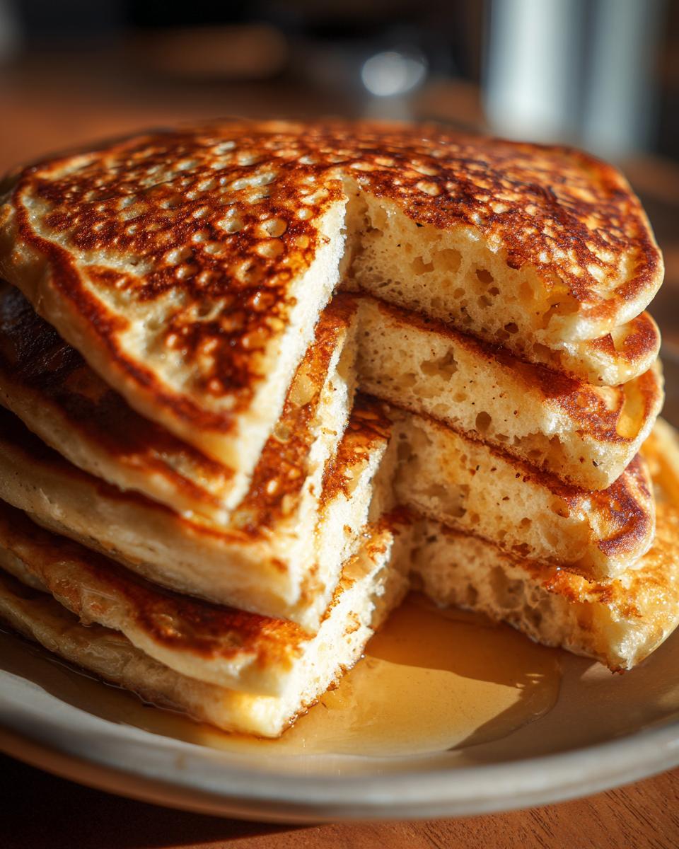 Close-up of a thick stack of fluffy discard pancakes, cut to show the airy interior and drizzled with syrup.