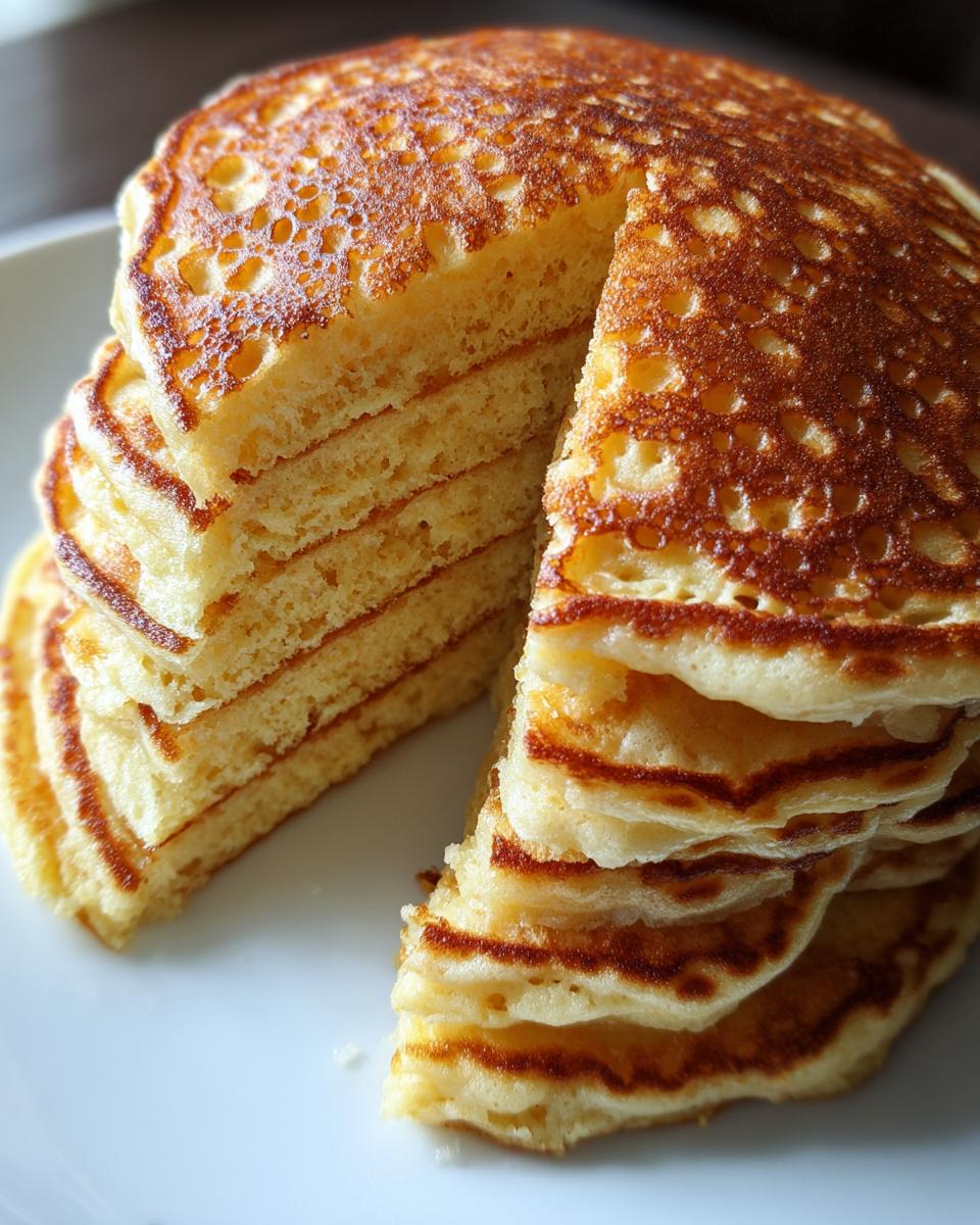 Close-up of a tall, fluffy stack of golden-brown discard pancakes with one slice cut out to show the interior texture.