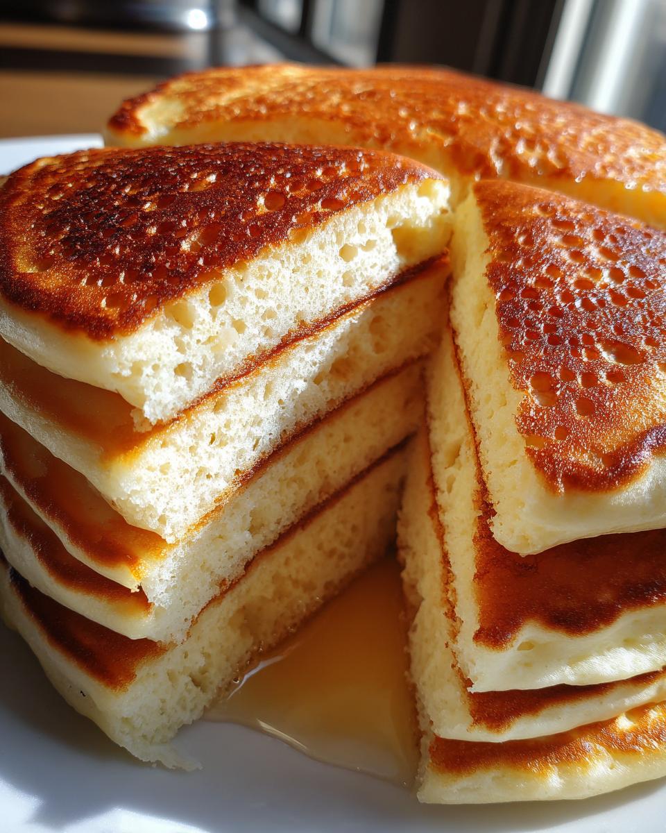 Close-up of a thick stack of fluffy discard pancakes, cut to show the airy interior and golden-brown tops, with syrup pooling at the base.