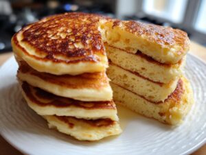 A tall stack of fluffy discard pancakes with a piece cut out to show the airy interior texture.