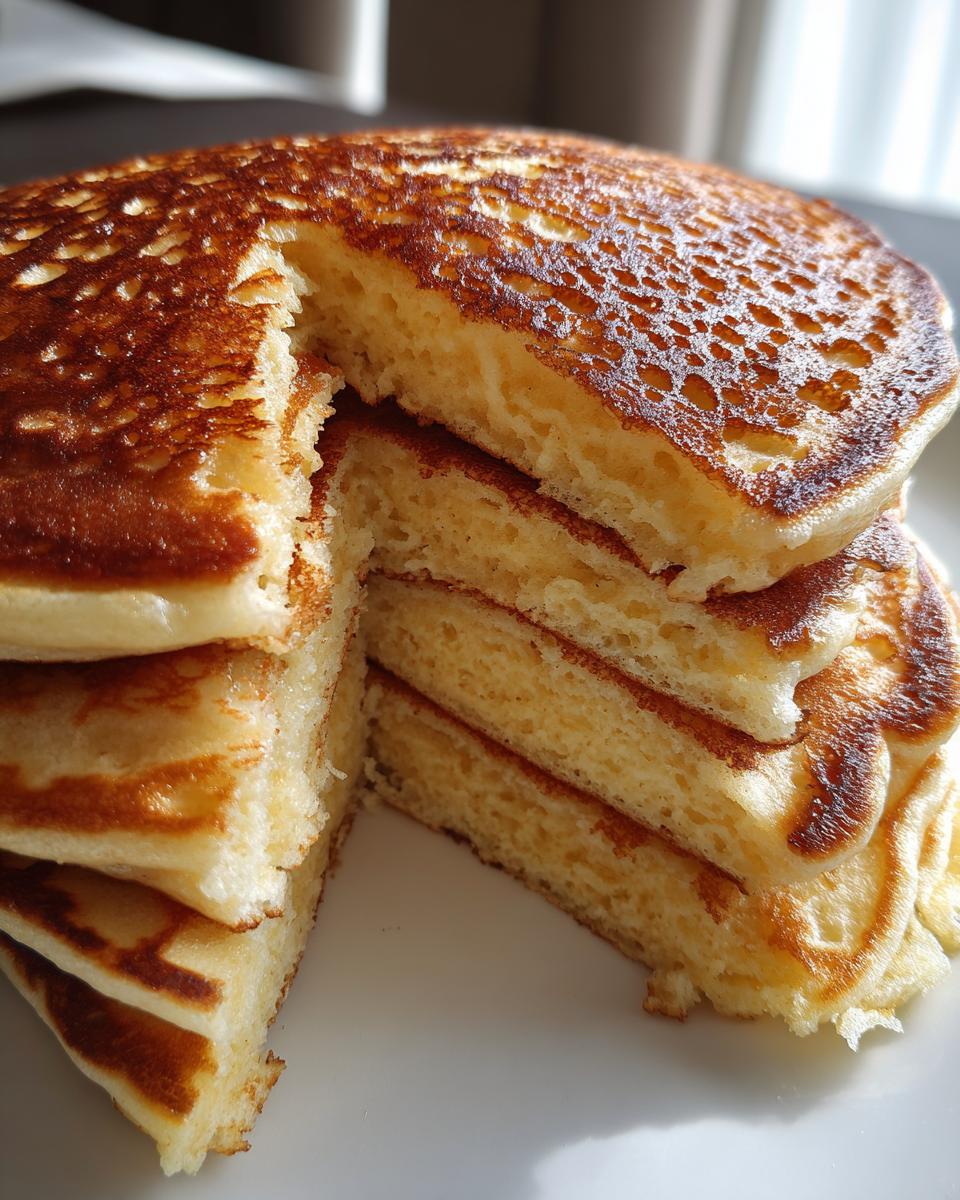 Close-up of a thick stack of fluffy discard pancakes, showing the airy interior texture.