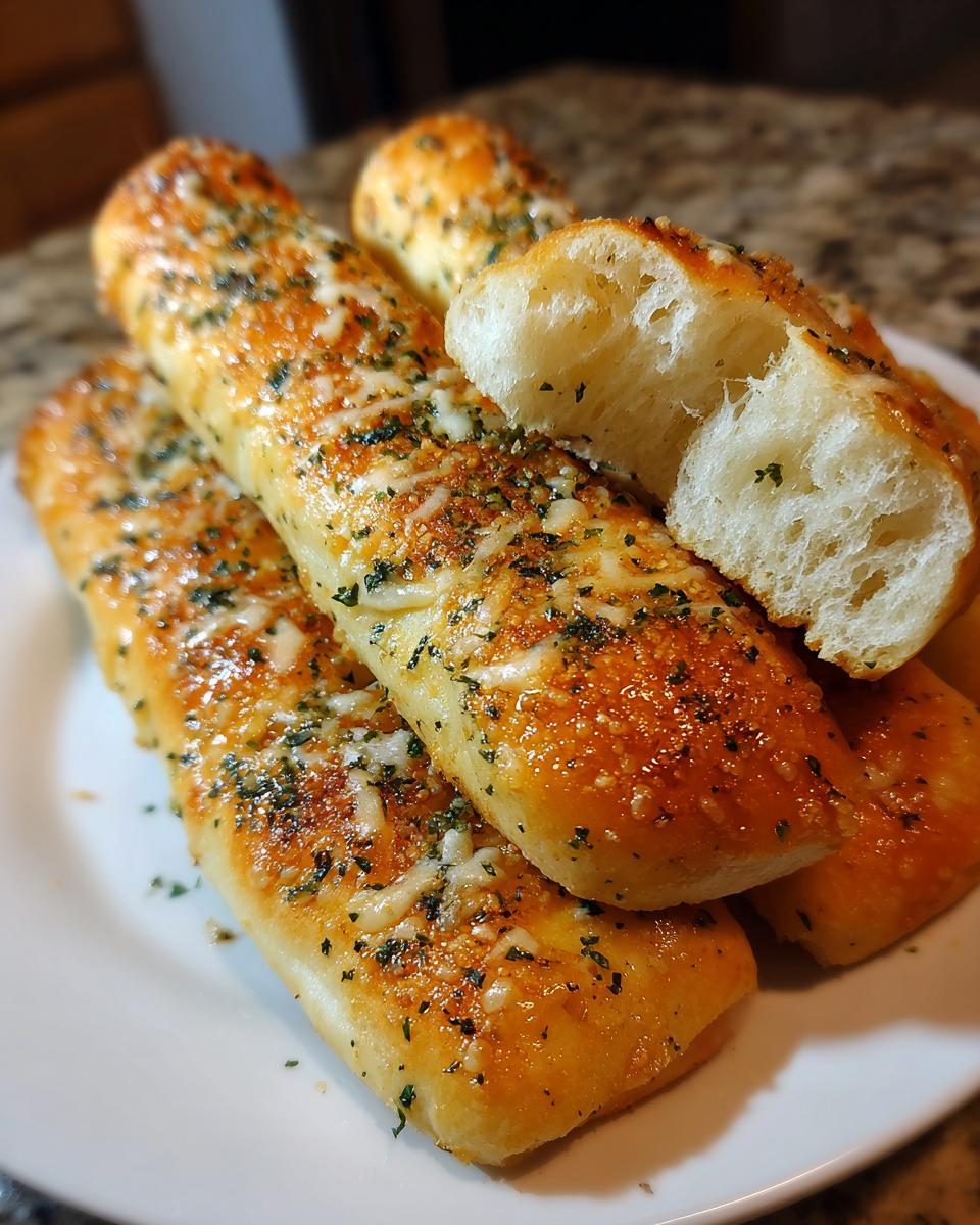 Close-up of fluffy, golden copycat breadsticks topped with melted cheese and herbs on a white plate.
