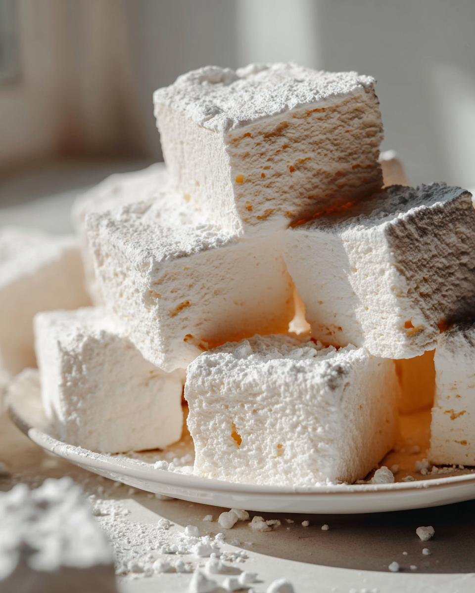 A stack of fluffy, square homemade marshmallows dusted heavily with powdered sugar on a white plate.