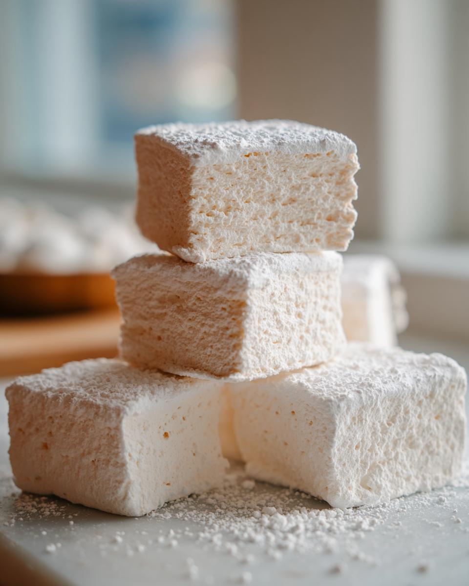 Close-up of three stacked, square, fluffy homemade marshmallows dusted heavily with powdered sugar.