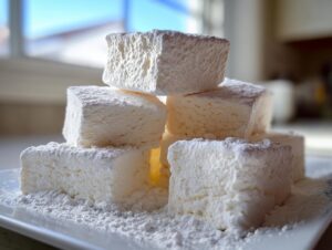 Stack of fluffy, square homemade marshmallows generously dusted with powdered sugar.