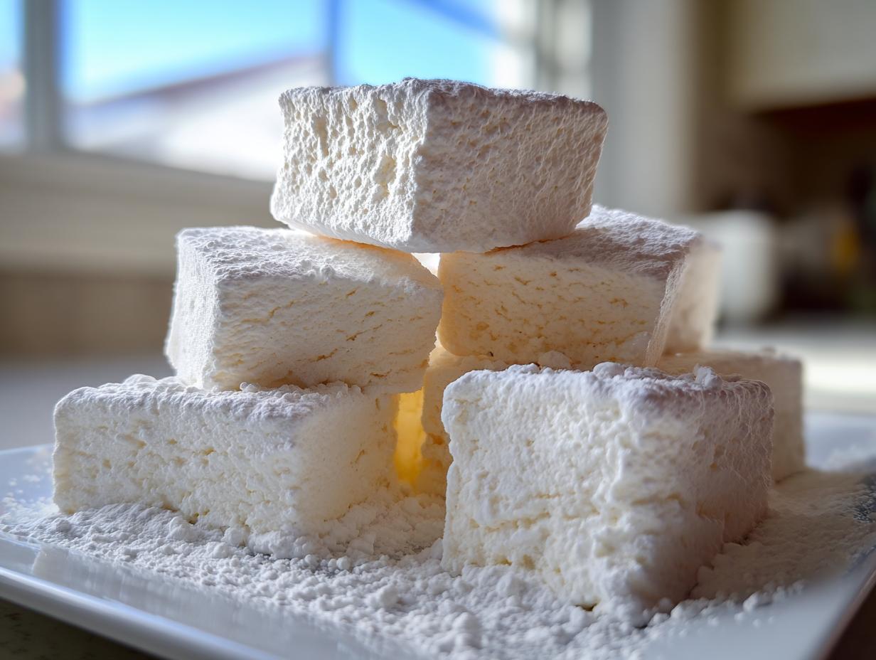 Stack of fluffy, square homemade marshmallows generously dusted with powdered sugar.