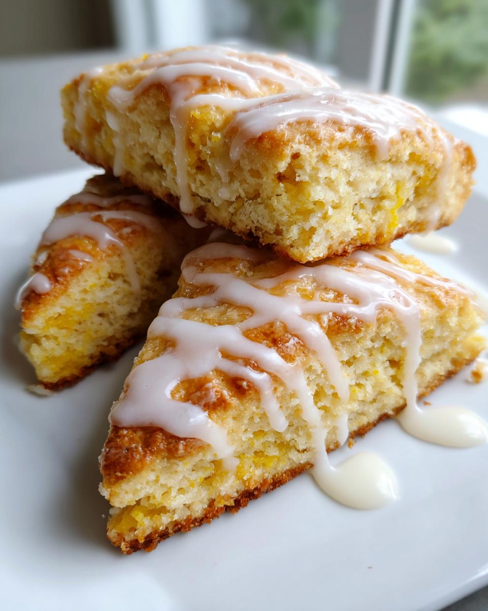 Three fluffy lemon scones stacked on a white plate, drizzled generously with white lemon glaze.