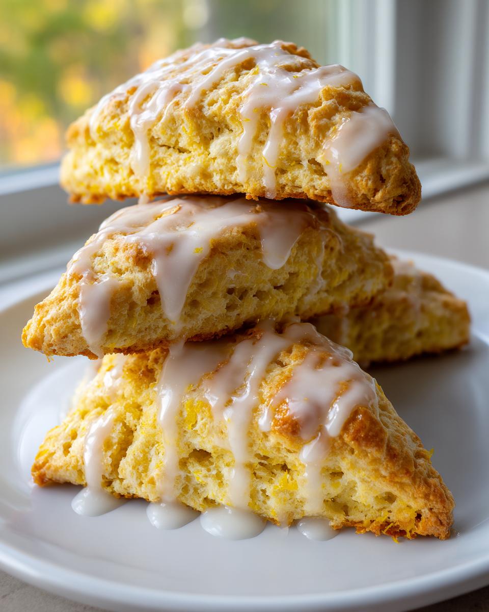 A stack of three fluffy lemon scones drizzled generously with white citrus glaze, sitting on a white plate.