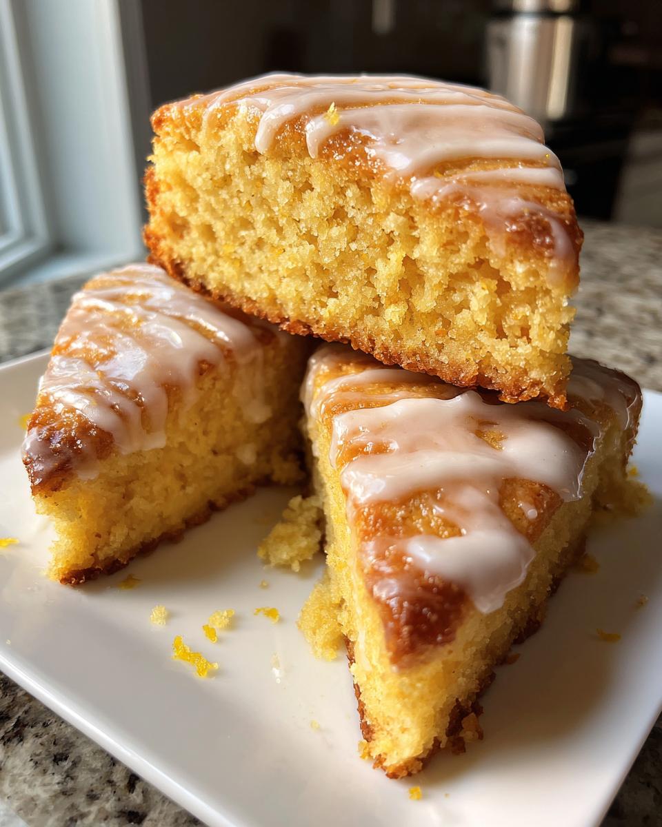 Three triangular slices of fluffy lemon scones stacked on a white plate, drizzled with a thick white glaze.