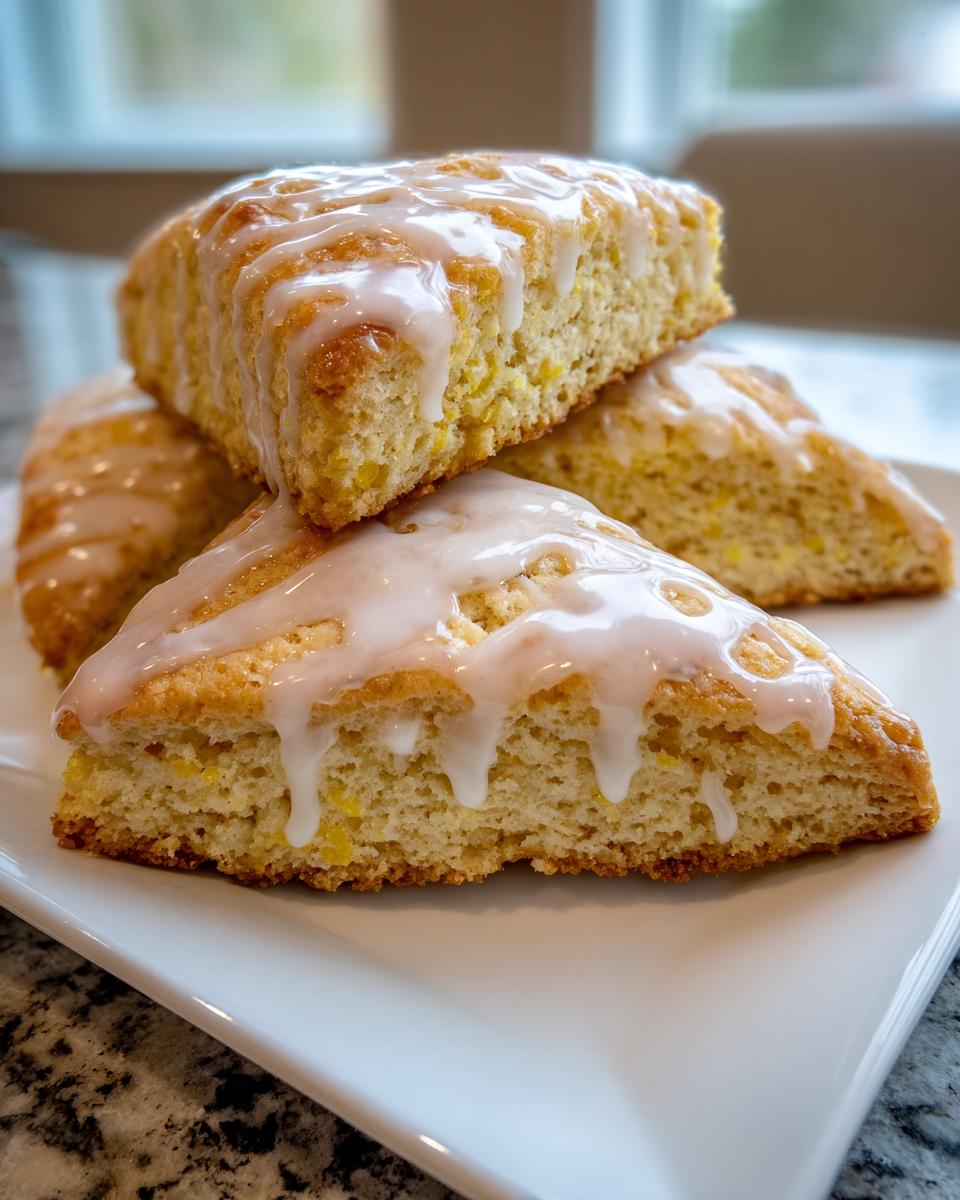 Close-up of stacked, triangular lemon scones topped with a thick, dripping white lemon glaze.