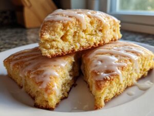 Three fluffy lemon scones stacked on a white plate, drizzled generously with a white lemon glaze.