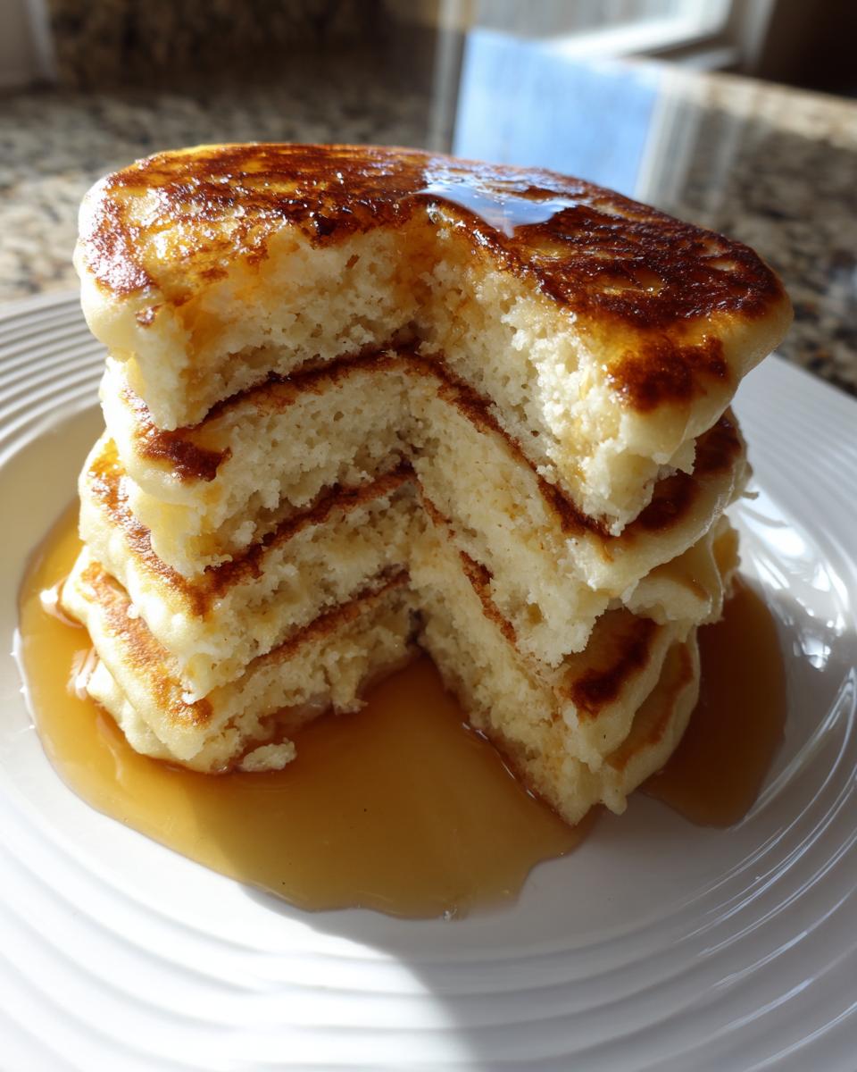 A stack of incredibly fluffy pancakes cut open to show the airy texture, covered in golden syrup.
