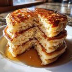 A stack of incredibly fluffy pancakes cut open to show the airy interior, drizzled generously with syrup.