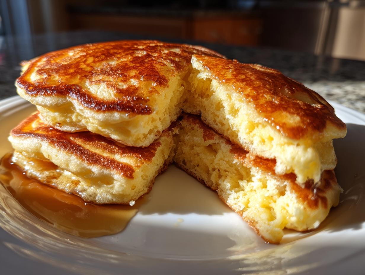 A stack of golden brown, very fluffy pancakes cut open to show the airy interior, drizzled with syrup.