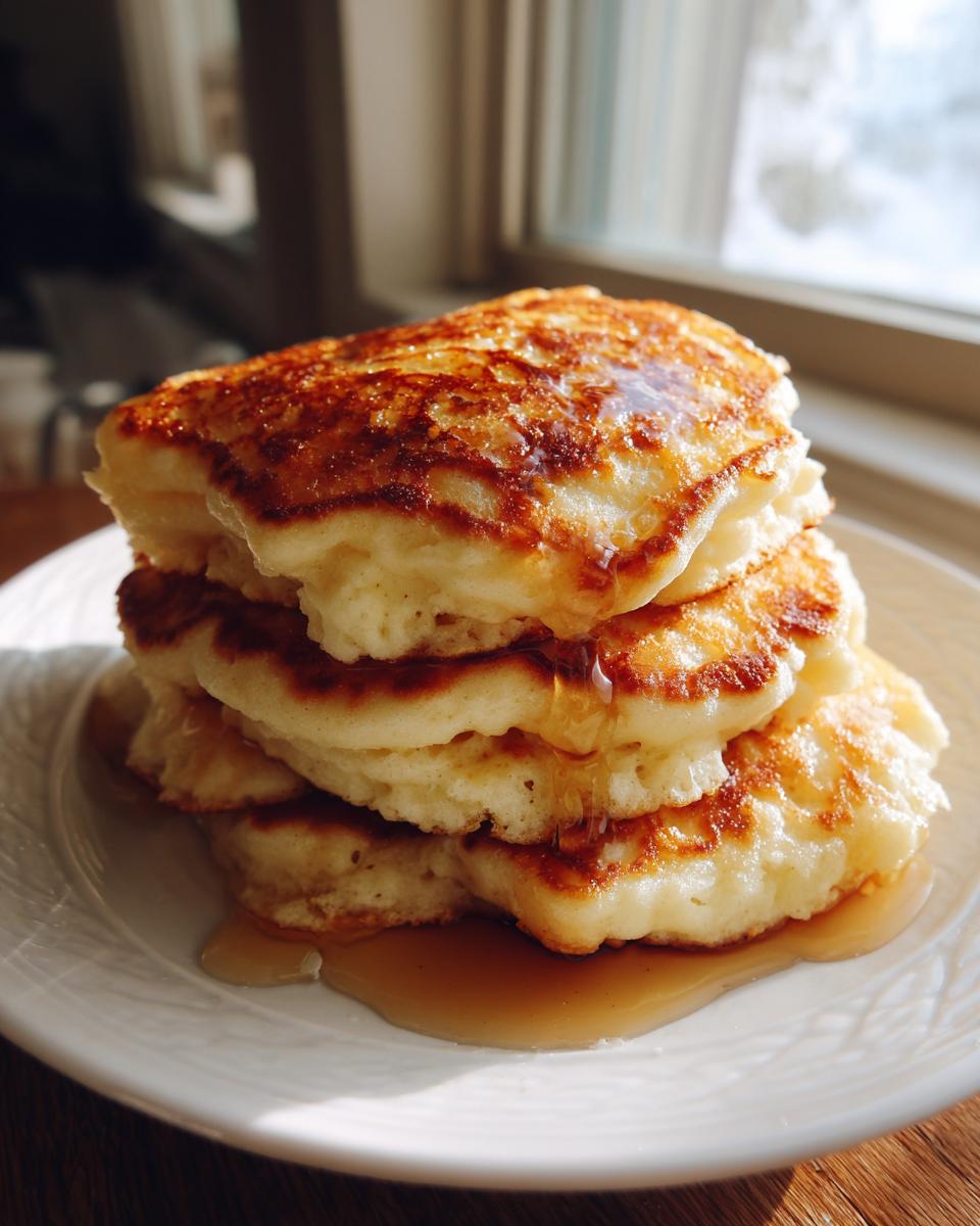A tall stack of golden brown, fluffy pancakes drizzled generously with syrup, sitting on a white plate.
