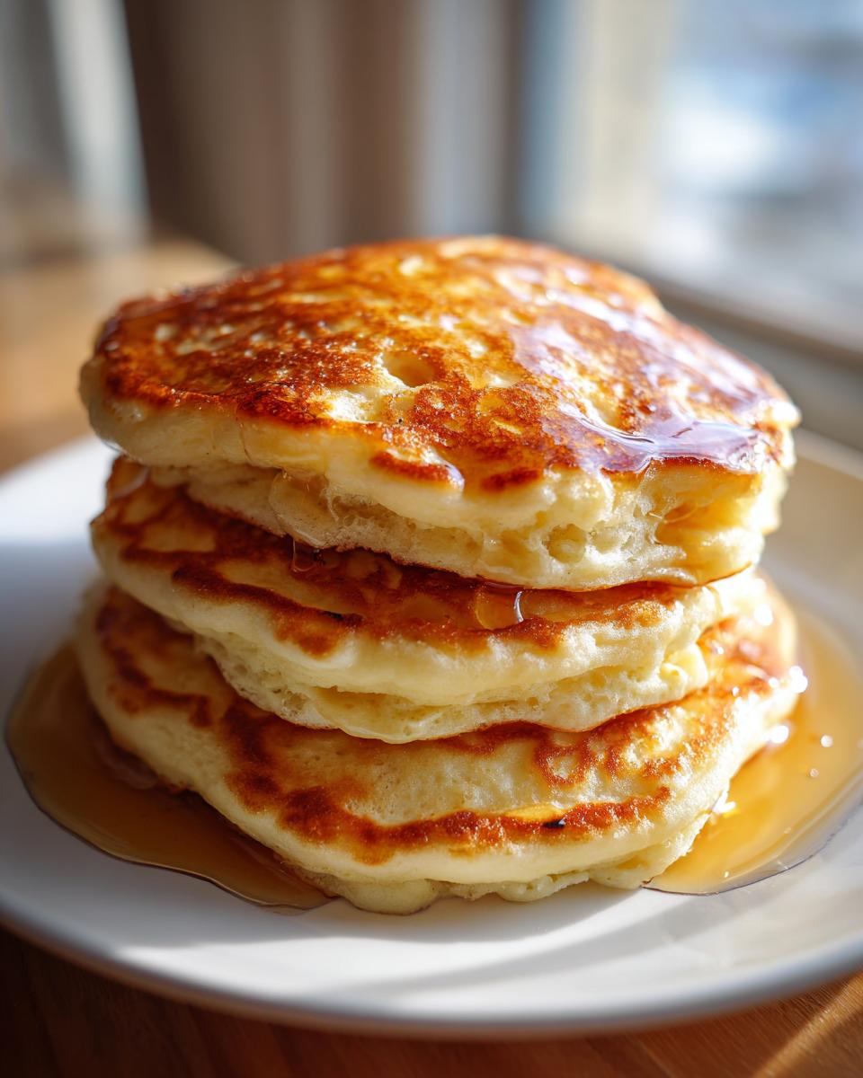 A tall stack of four golden brown, fluffy pancakes covered in syrup, ready to eat.