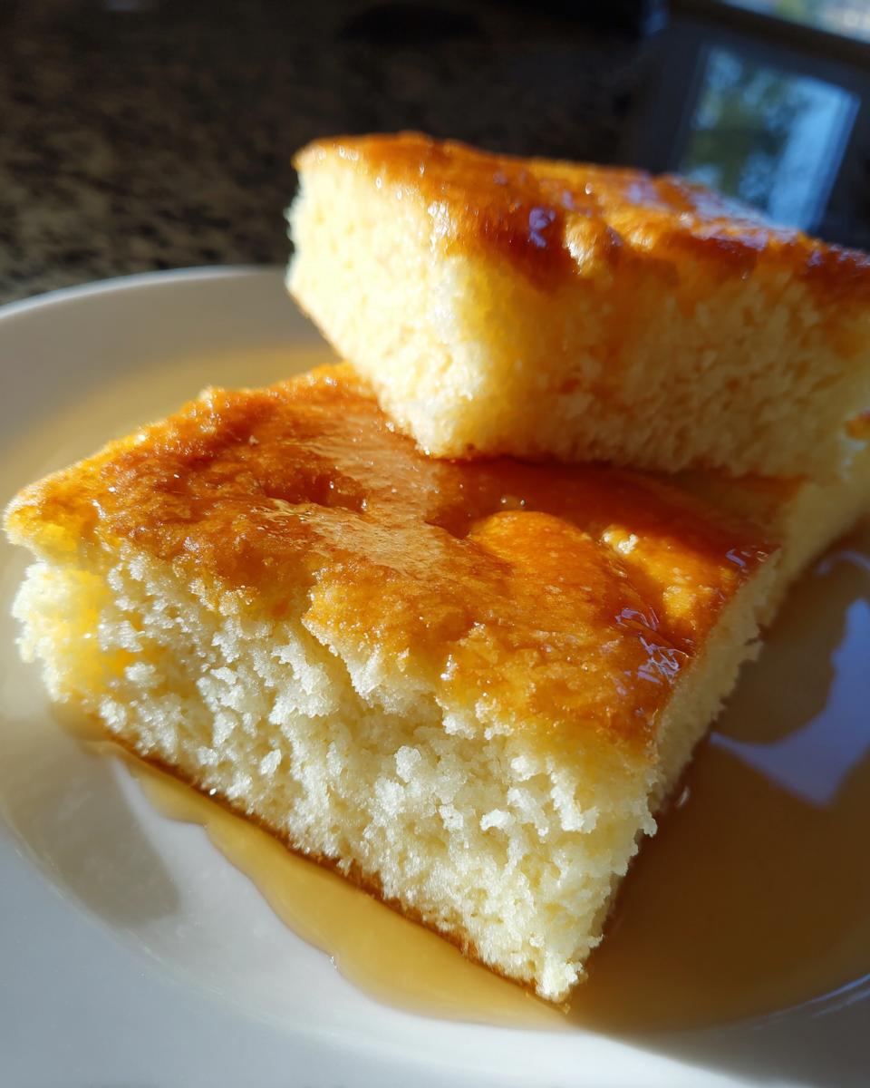 Close-up of two square slices of fluffy sheet pan pancakes drizzled generously with golden syrup.