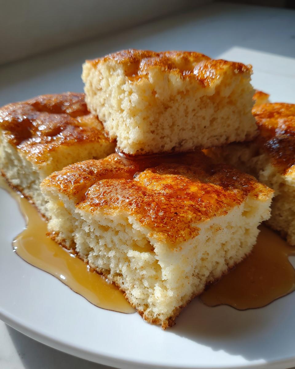 Close-up of fluffy, square-cut sheet pan pancakes drizzled generously with golden syrup on a white plate.