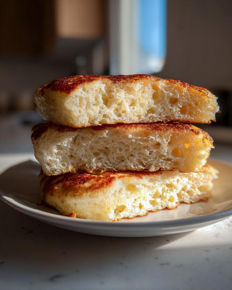 Close-up of three thick sourdough pancakes stacked, showing their airy, open crumb structure.