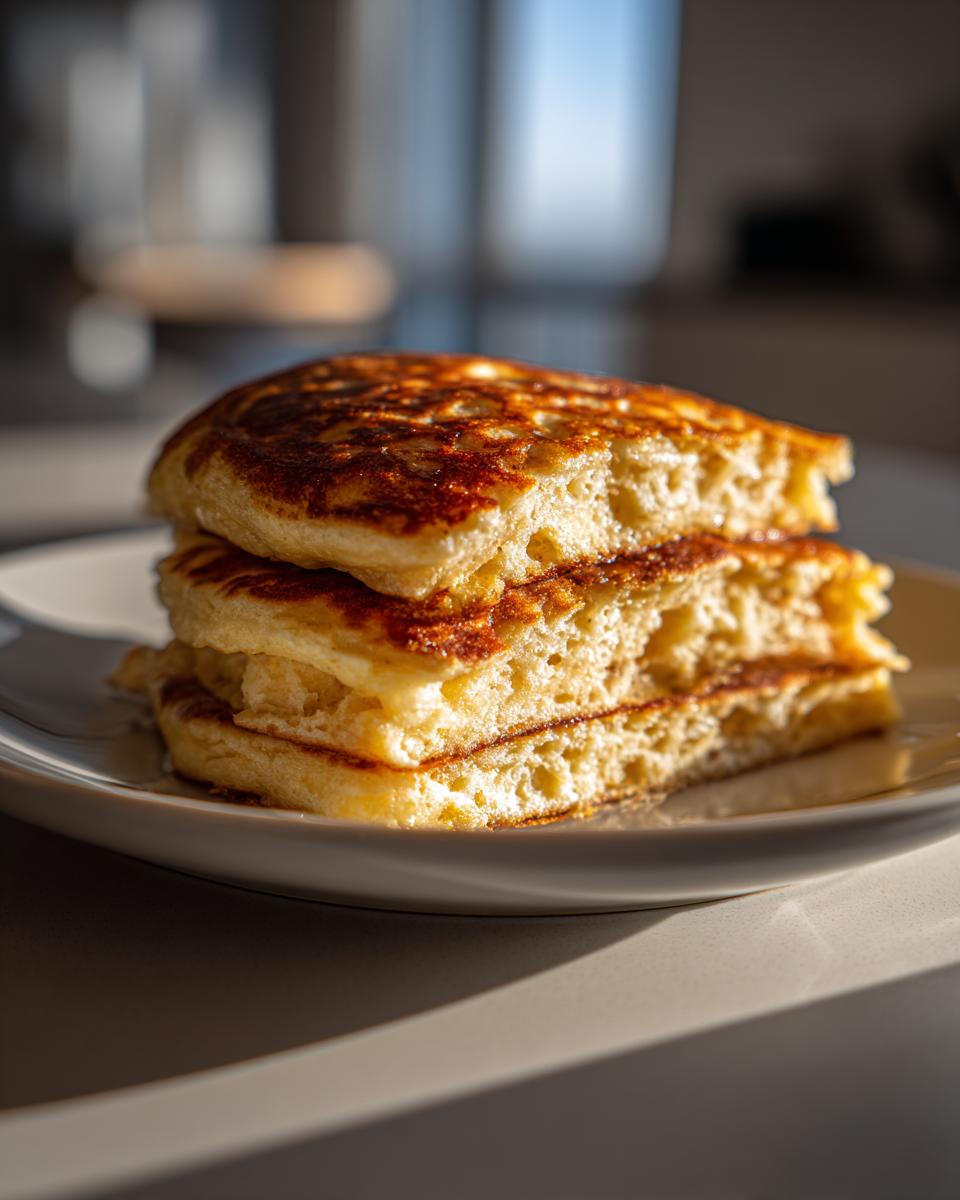 Close-up of a stack of three fluffy sourdough pancakes with golden-brown edges on a white plate.
