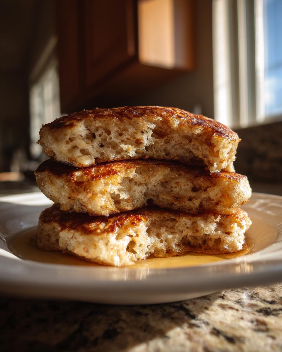 Close-up of three stacked sourdough pancakes showing their fluffy interior texture, drizzled with syrup.