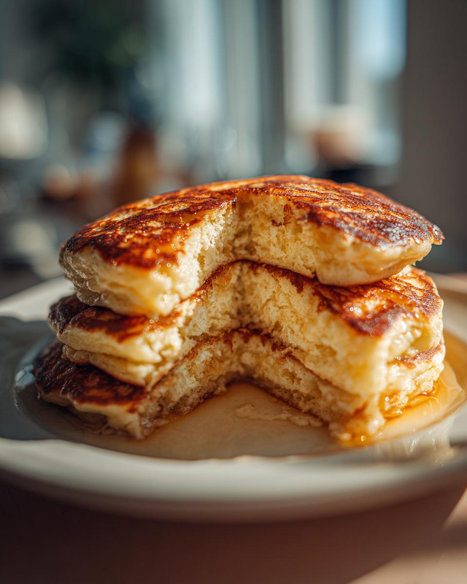 Close-up of a stack of fluffy sourdough pancakes with a bite taken out, drizzled with syrup.