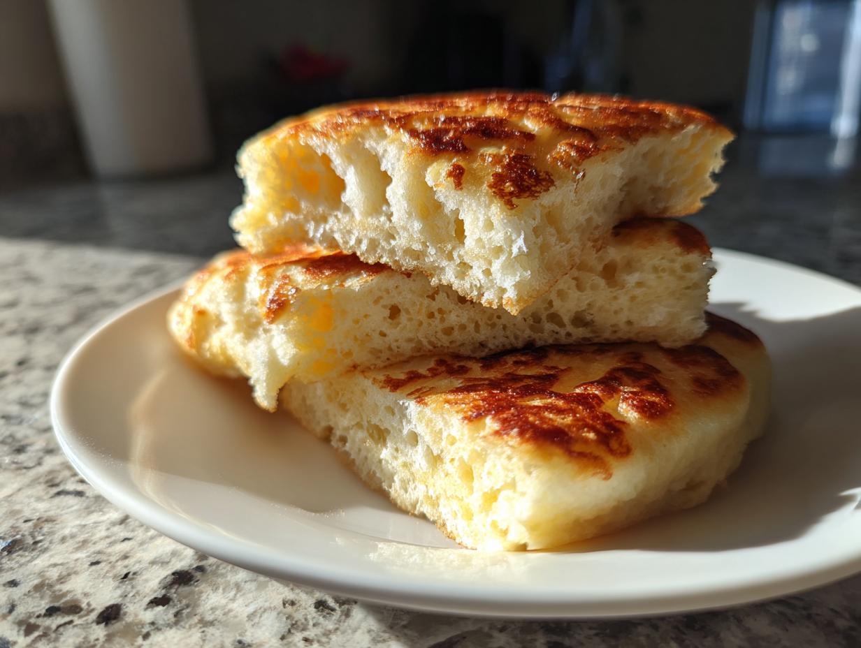 Close-up of three stacked pieces of sourdough pancakes showing their airy, fluffy interior and golden-brown cooked exterior.