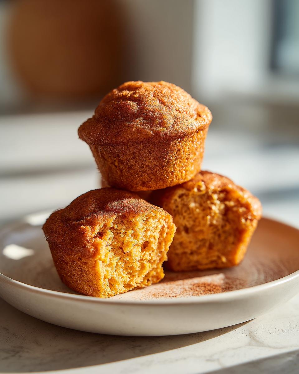 A stack of three moist sweet potato muffins, one cut in half showing the texture, dusted with cinnamon.