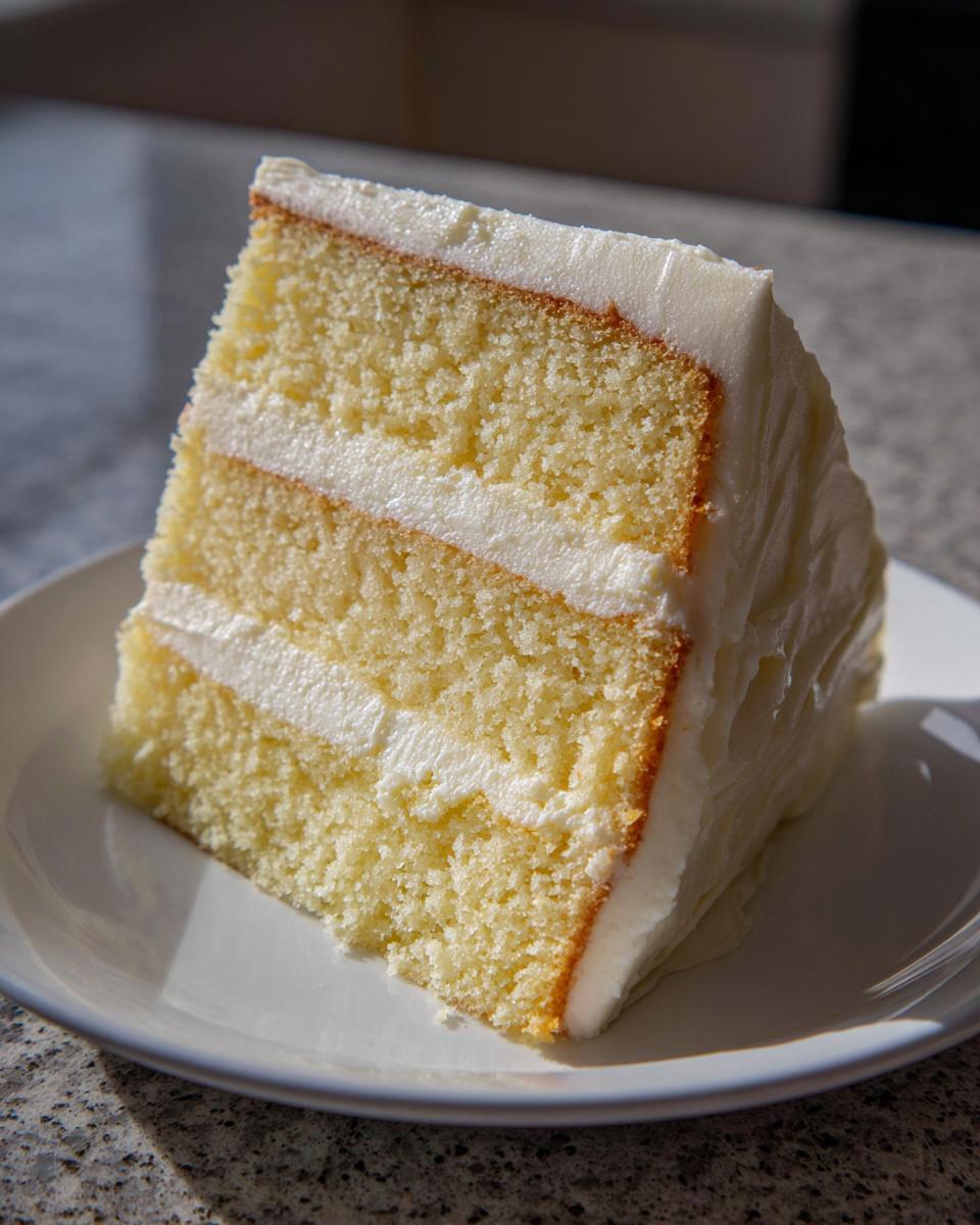 Close-up of a tall, three-layer slice of fluffy vanilla cake recipe with thick white buttercream frosting.
