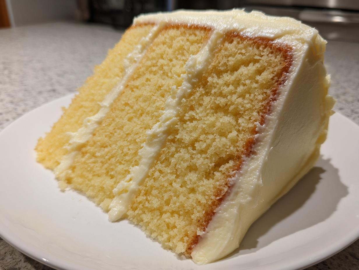Close-up of a moist, fluffy slice of vanilla cake recipe with thick white buttercream frosting layers.