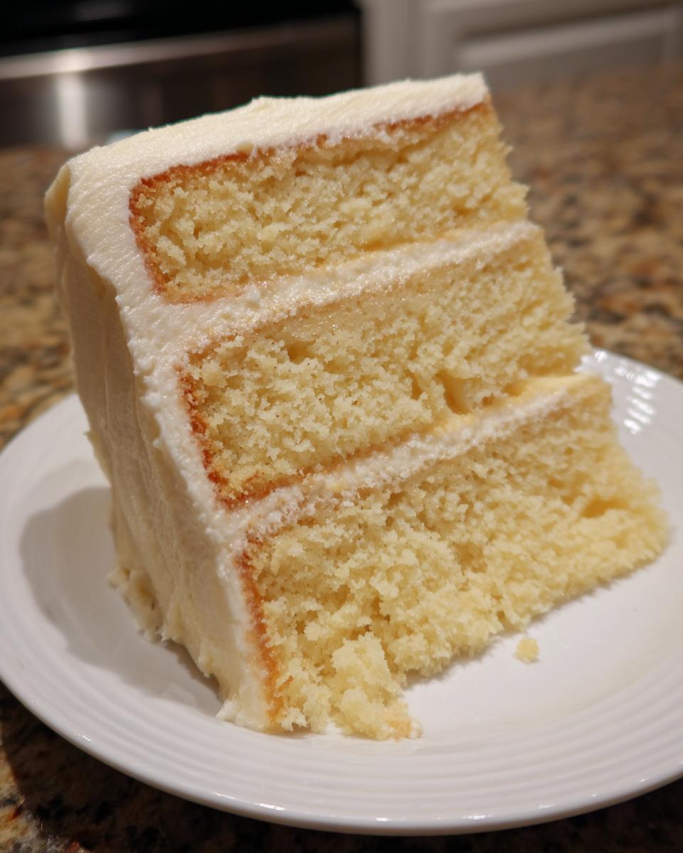 Close-up of a three-layer slice of fluffy vanilla cake with white frosting on a white plate.