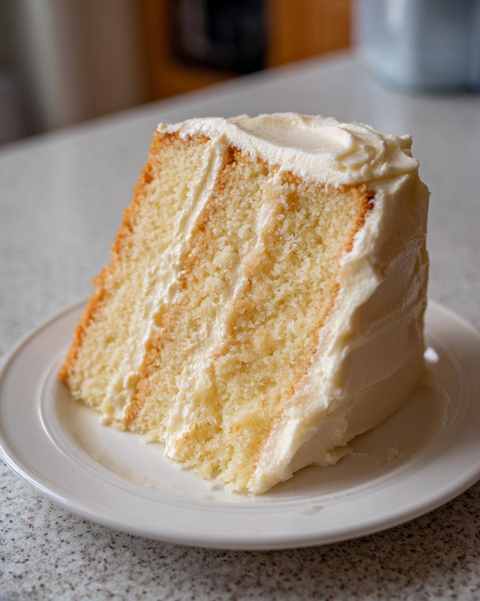 A thick slice of fluffy vanilla cake recipe layered with white buttercream frosting on a small white plate.