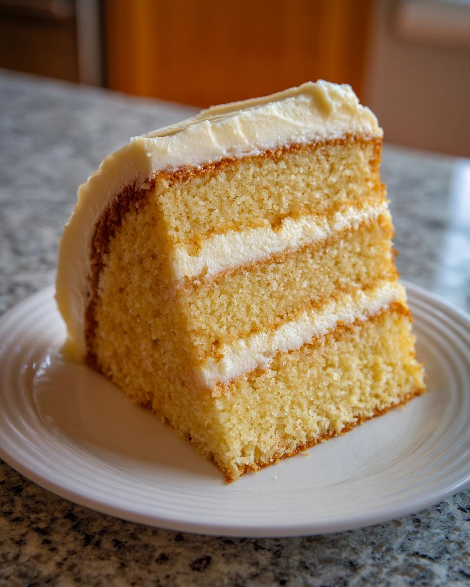A perfect slice of fluffy vanilla cake recipe showing three layers of cake and two layers of white frosting.