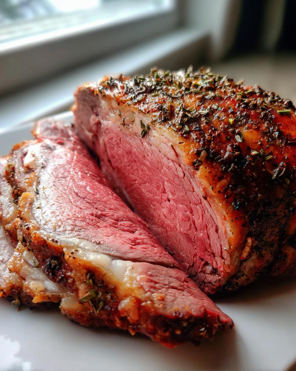 Close-up of a perfectly cooked prime rib recipe roast, showing a deep pink, medium-rare center and herb crust.
