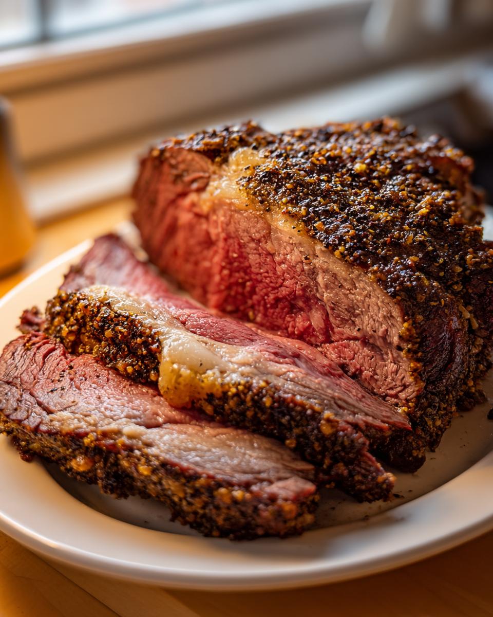Close-up of sliced prime rib recipe roast showing a deep red, medium-rare center and a thick, seasoned crust.