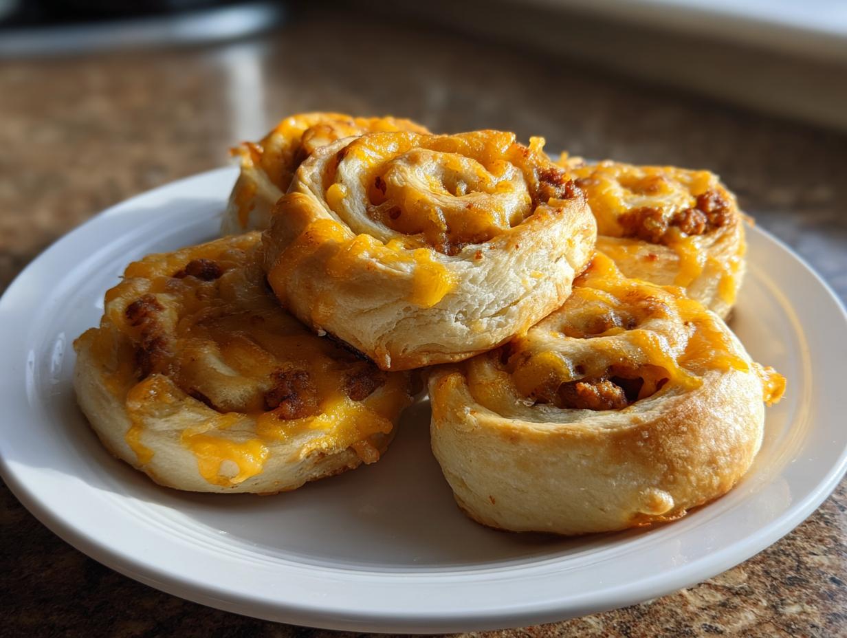 Four freshly baked sausage pinwheels topped with melted cheddar cheese stacked on a white plate.