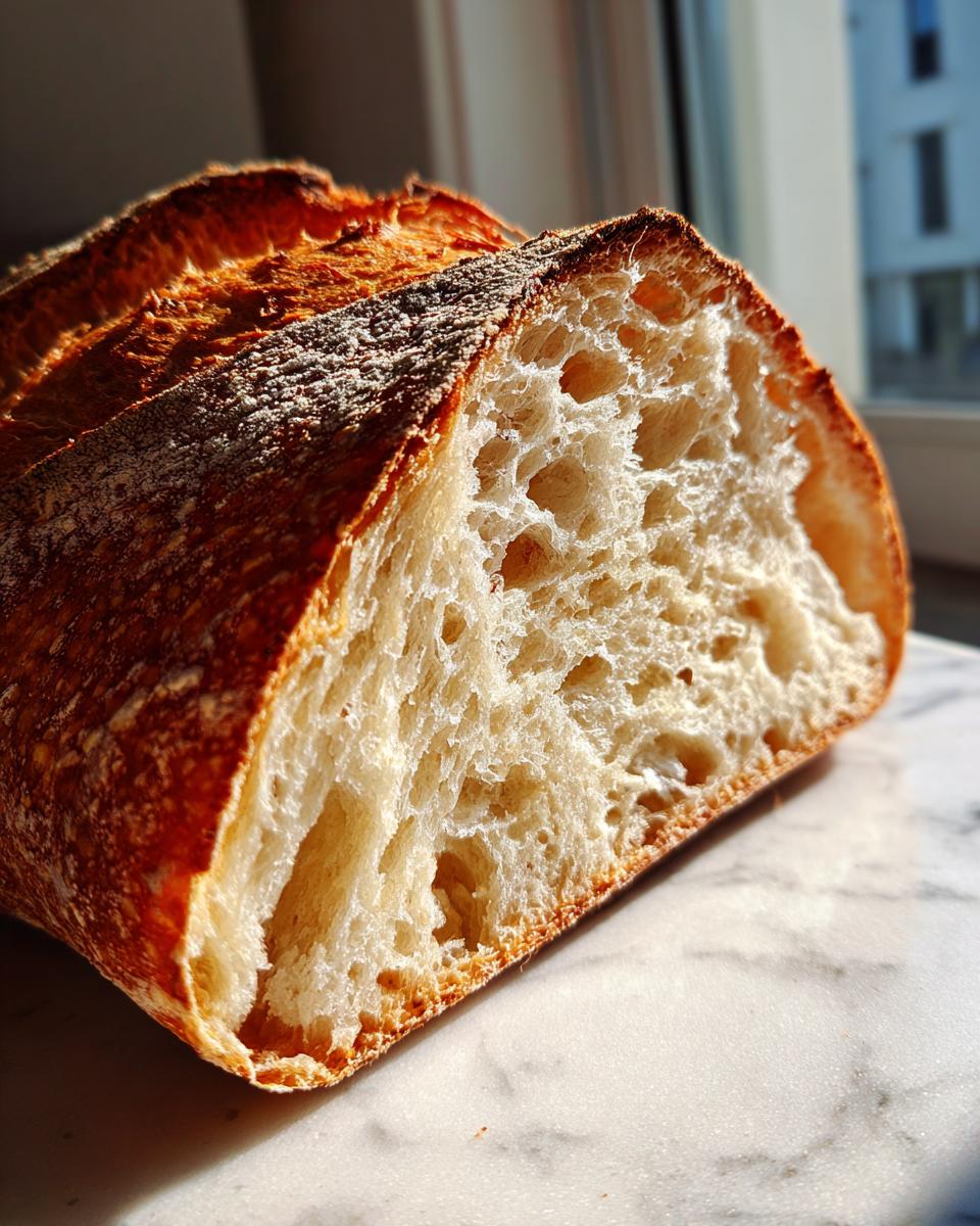 Close-up of the airy, open crumb structure inside a freshly baked french bread loaf.
