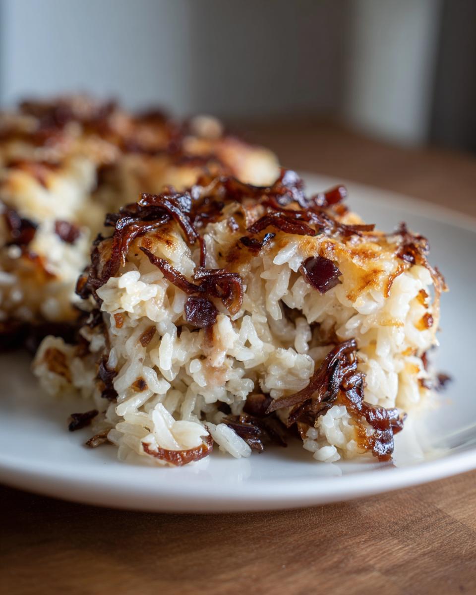 Close-up of a serving of french onion butter rice, topped generously with dark, caramelized onions.