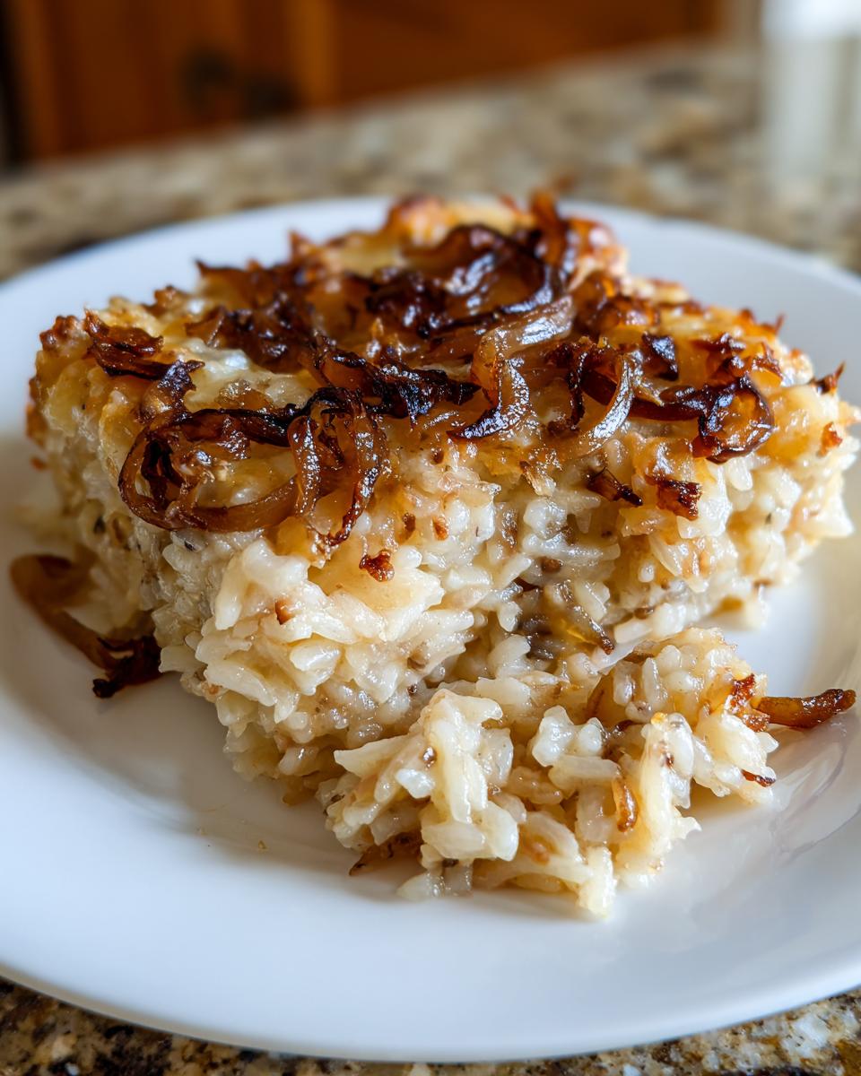 A square serving of creamy french onion butter rice topped generously with crispy, caramelized onions on a white plate.