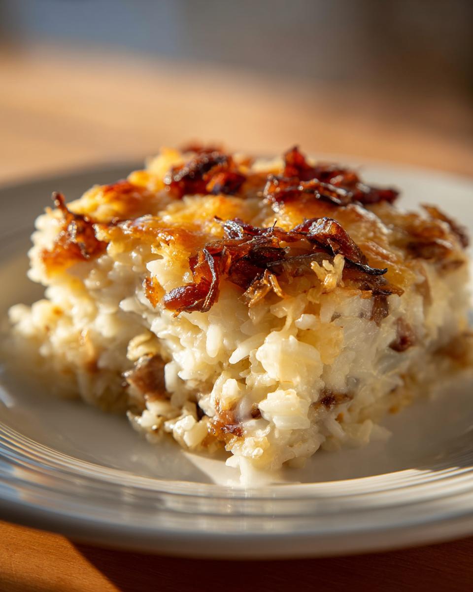 A close-up of a square serving of creamy french onion butter rice casserole topped with crispy caramelized onions.