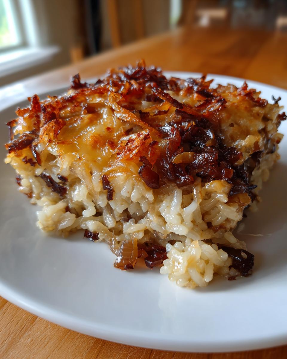A square serving of rich french onion butter rice, topped with crispy, caramelized onions, on a white plate.