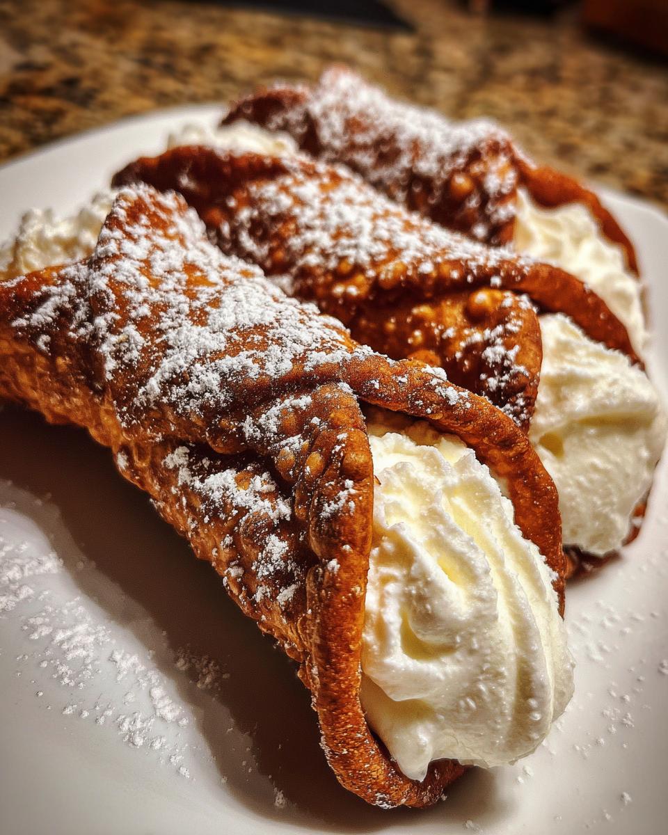 Close-up of three freshly filled cannoli shells piped high with ricotta cream and dusted heavily with powdered sugar.