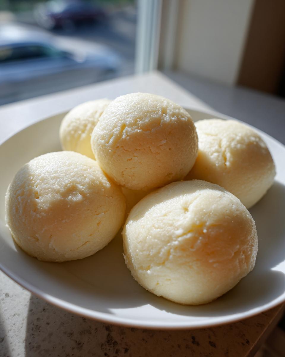 Close-up of several smooth, pale yellow balls of fufu served in a white bowl near a bright window.