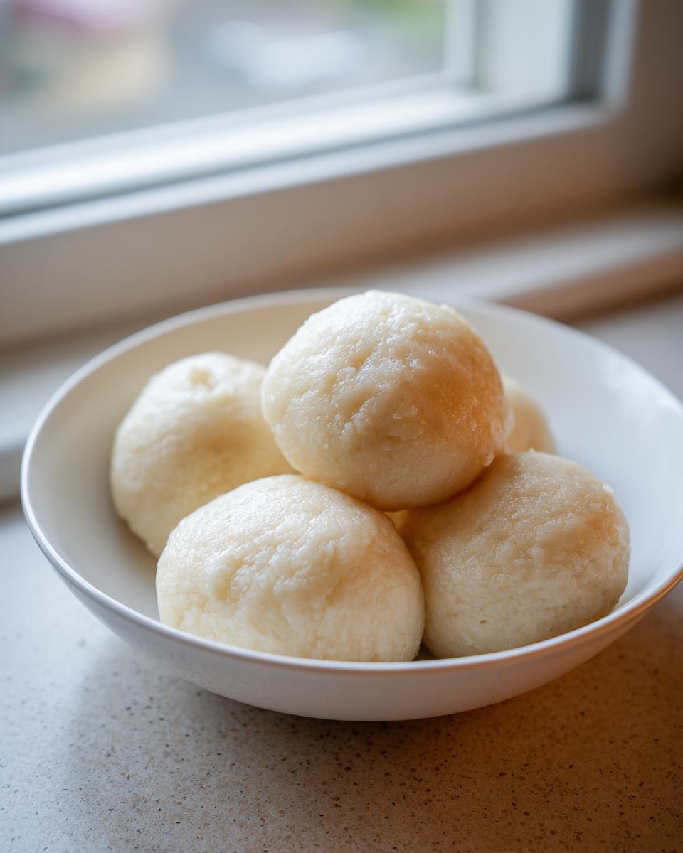 A white bowl filled with several smooth, round portions of freshly made fufu, set near a window.