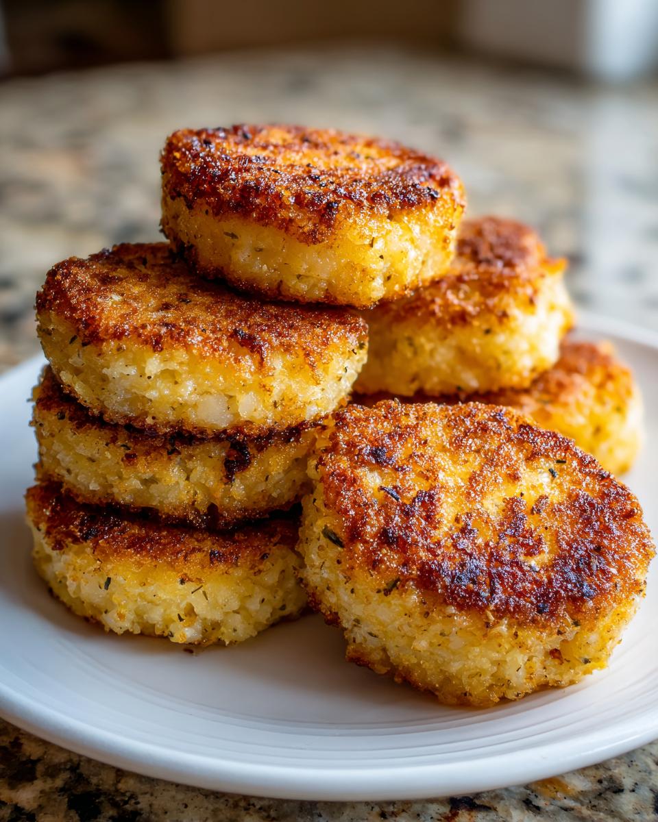 A stack of golden brown, crispy fried cornbread patties served on a white plate.